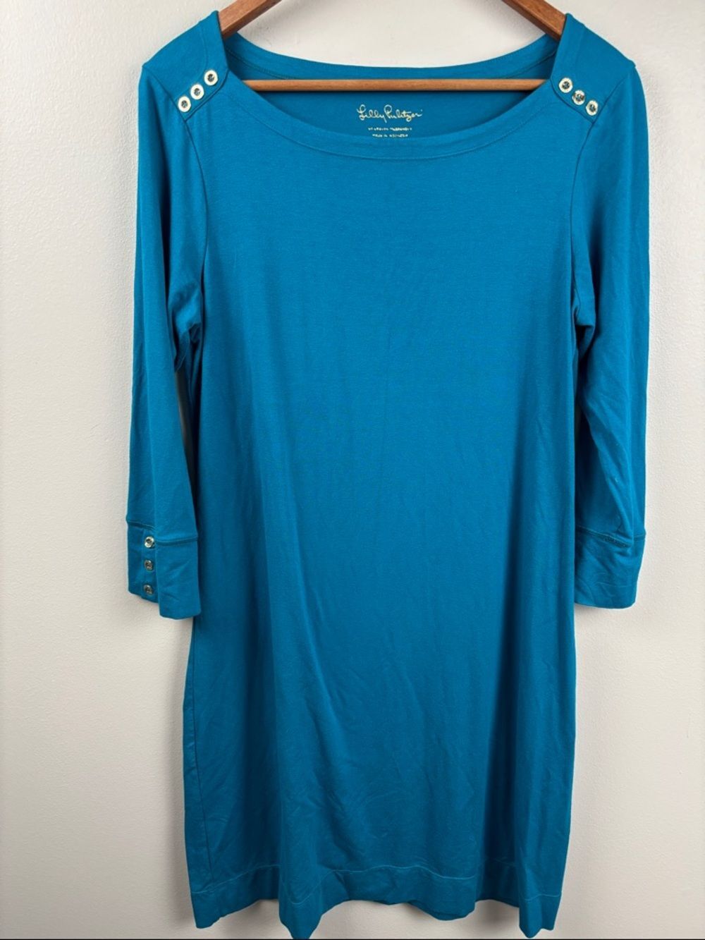 Lilly Pulitzer Teal 3/4 Sleeve Boatneck Midi Dress w/ Gold Buttons Large stretch